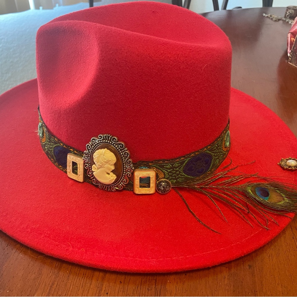 Stetson Red Fedora with Peacock Feather and Cameo
